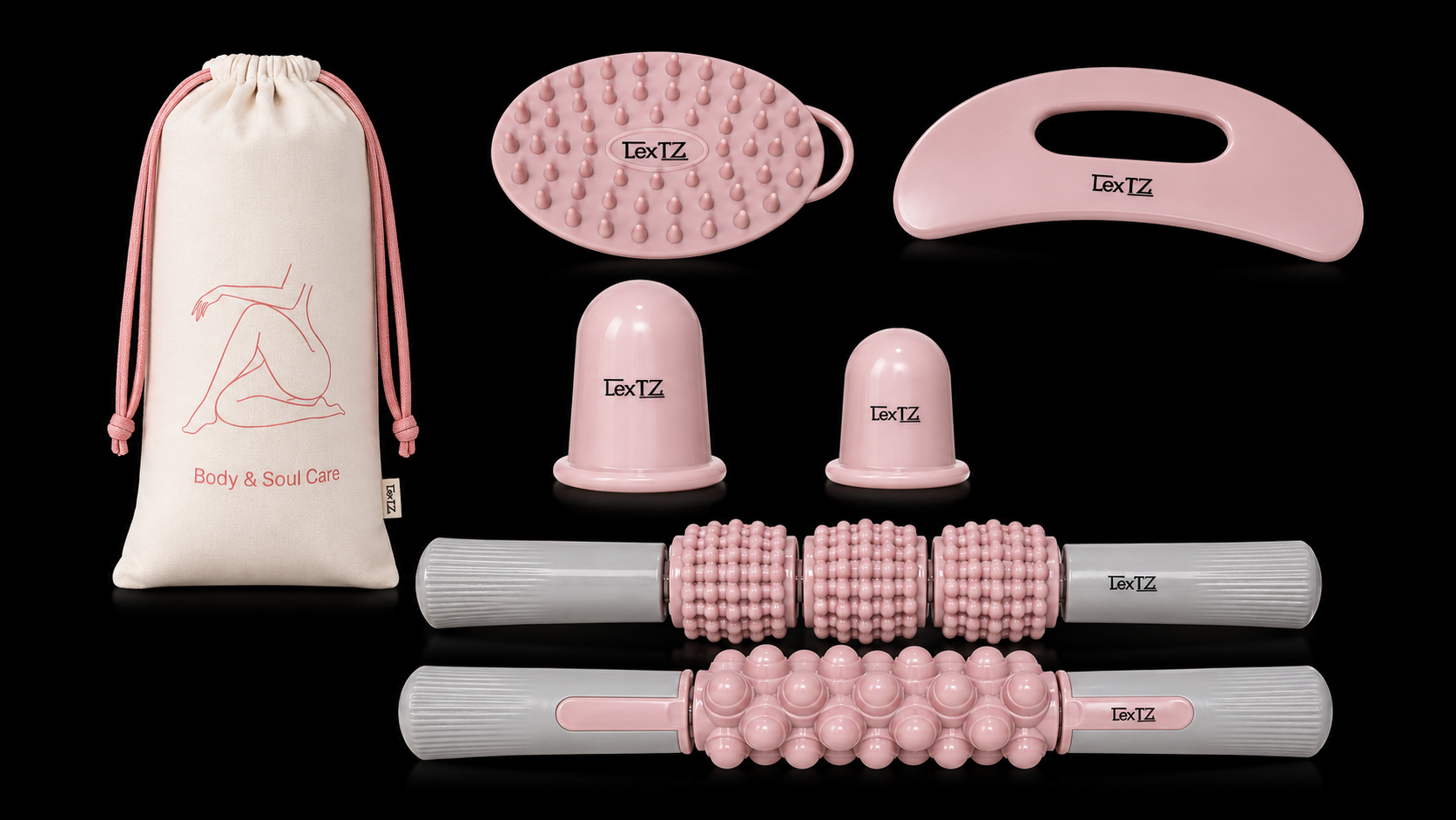 Six matt pink body care tools and a pale pink drawstring bag, resting on a dark surface with edge lighting.
